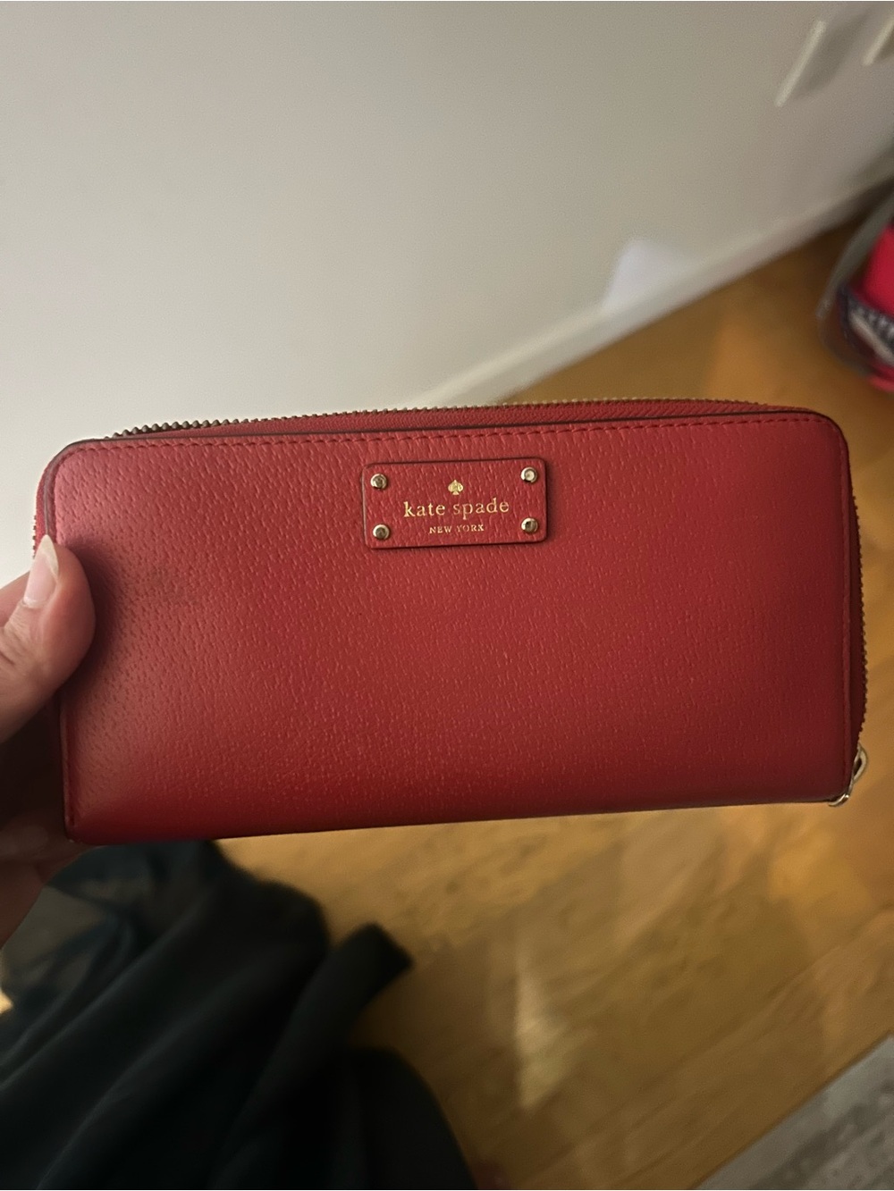 kate spade Red Leather Zip Wallet with Gold Plaque